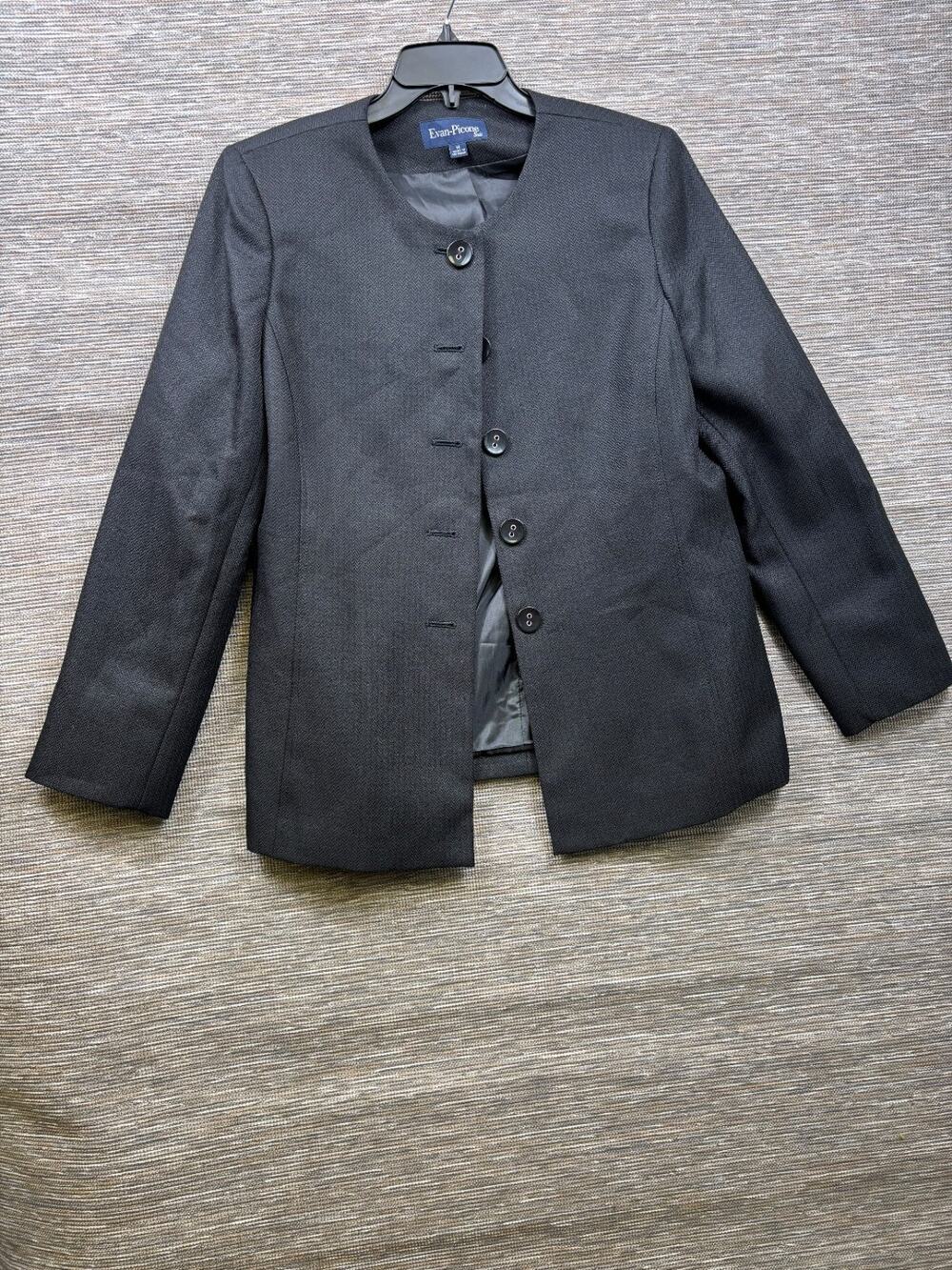 Evan Picone Blazer Jacket Womens Size 14 Black Herringbone Round Neck Casual